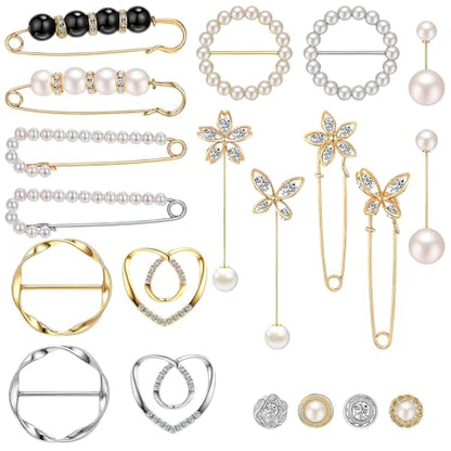 Huquary 20 Pcs Elegant Brooches Jewelry Accessories for Women, Pearl Rhinestone Brooch Safety Pins, Scarf Rings Clip Pin T-shirt Ties Clips Buckle for Wedding, Party, Daily Wear