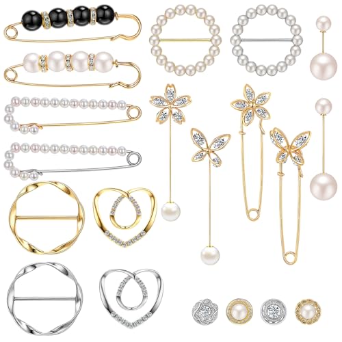 Huquary 20 Pcs Elegant Brooches Jewelry Accessories for Women, Pearl Rhinestone Brooch Safety Pins, Scarf Rings Clip Pin T-shirt Ties Clips Buckle for Wedding, Party, Daily Wear
