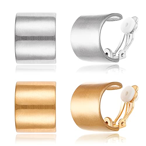 FANZE 2 Pairs Matte Gold Sliver Clip on Earrings for Women No Piercing | No Piercing Button Earring Comfortable Fashion Jewelry Gift - color: Set-1