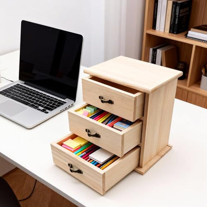 2-Pack Unfinished Solid Pine Wood Box with 3 Mini Drawers, Blank Natural Wooden Jewelry Organizer, Paintable and Carvable Storage Box for Arts, Crafts and DIY Projects