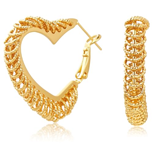 Small Hoop Earrings for Women Wide Half Huggie Hoops Chunky Hoop Earrings 18K Real Gold Plated 925 Sterling Silver Hammered Hypoallergenic Lightweight - color: QIHP-07-GoldHeart