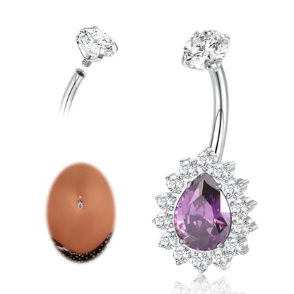 AROWRO Gold Belly Button Ring G23 Titanium Hypoallergenic 14G belly ring for Women Men Teardrop Navel Piercing Jewelry 10mm Barbell With Cubic Zircon - color: Sliver+Purple CZ