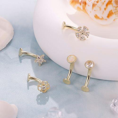 REVOLIA 5Pcs 14G Surgical Steel Floating Belly Button Rings for Women Flat Back Petite Belly Ring Opal Flower CZ Small Navel Rings Internally Threaded Belly Piercing Jewelry 8/10/12/14mm - color: gold