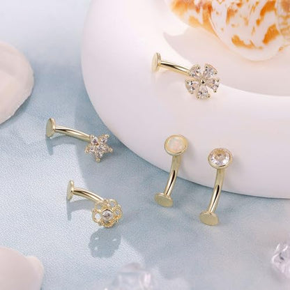 REVOLIA 5Pcs 14G Surgical Steel Floating Belly Button Rings for Women Flat Back Petite Belly Ring Opal Flower CZ Small Navel Rings Internally Threaded Belly Piercing Jewelry 8/10/12/14mm - color: gold