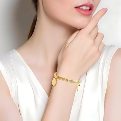 DS Inspirational Bracelet for Women Christian Engraved Bibler Verse Cross Butterfly Daisies Charm Bracelet, Exquisite Stainless Steel Jewelry Daughter Best Friend Bestie - style: I am with you always-Gold