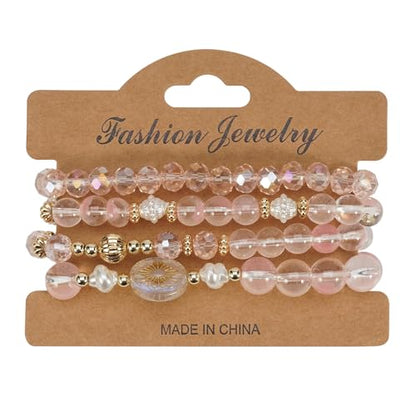 Boho Beaded Bracelet Set for Women - 4 Pcs Multilayer Stackable Crystal Glass Bead Bracelets with Faux Pearl Elastic Stretch Fashion Jewelry for Daily Wear, Beach, Party & Gifts - color: Pink