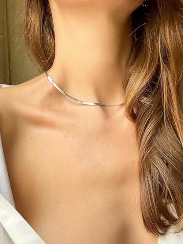 ChainsHouse Flat Snake Chain Herringbone Choker Necklace for Women, Stainless Steel/Rose Gold/18K Gold Plated Dainty Adjustable Simple Short Layered Necklaces, 12"/15"/18" with 3.5" Extender - color: b. sterling silver-3mm