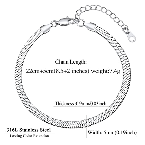 FindChic Elegant Herringbone Snake Chain Anklets/Bracelets 3MM/5MM Width Stainless Steel/18K Gold/Rose Gold Plated/Black 4 Color Options, 8.3'' 8.5'' 10.5'' Length, with Gift Box - color: A: 5mm 8.5'' anklet (Stainless Steel)