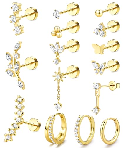 ORAZIO 20/18/16G Cartilage Earrings for Women Flat Back Earring Stacks Hypoallergenic Surgical Steel Flatback Stud Hoop Cartilage Earring Set Daith Conch Tragus Helix Piercing Jewelry Single PC - color: Style1-Gold Plated, size: 16g=1.2mm