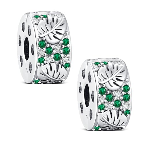 KEQ Clip Spacer Charm for Bracelet 925 Silver Pave Cubic Zirconia Clip Lock Stopper Bead Spacer For Women Bracelets Stopper Birthday Gifts European Openable Beads 2pcs - color: Monstera