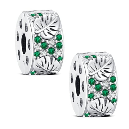 KEQ Clip Spacer Charm for Bracelet 925 Silver Pave Cubic Zirconia Clip Lock Stopper Bead Spacer For Women Bracelets Stopper Birthday Gifts European Openable Beads 2pcs - color: Monstera