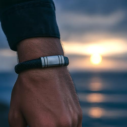 Forge & Foundry Men's Adjustable Black Leather Bracelet | Genuine Woven Leather with Snap Clasp | Design-Led, Artisan Jewelry from London [Navarro] - color: Silver - Single Strand, size: X-Large