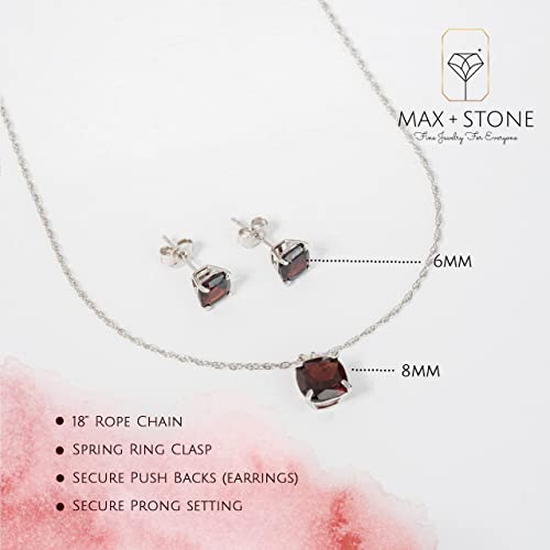 MAX + STONE 14k Gold Plated or Sterling Silver Cushion Cut Gemstone Stud Earrings and Pendant Necklace for Women with 6mm and 8mm Birthstones 18 Inch Chain and Push Backs Jewelry Set - style: Sterling Silver|Genuine Garnet