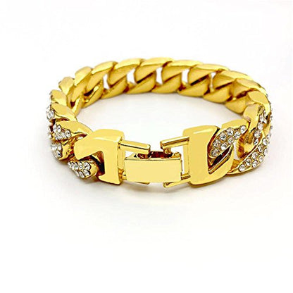 Mens Womens Cuban Link Bracelet Hip Hop Bracelet Stainless Steel Chain Bracelet Iced Out Curb Cuban 18k Gold Plated Bracelet With Clear Rhinestones - color: A-Gold-8.26in