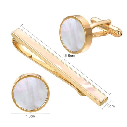 Shell Tie Clip Cufflinks Set for Men Business Gold Silver Tie Bar Cuffs Wedding Party Suit Jewelry Gift - style: mother of pearl