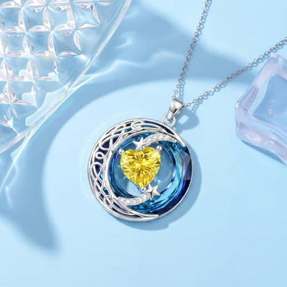 Birthstone Necklace for Women Crystal Moon and Star Pendant White Gold Celtic Moon Jewelry Birthday Graduation Gifts for Wife Her - style: Moon-11