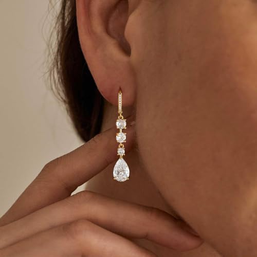 Dangle Earrings for Women Trendy, 14K Gold Plated CZ Huggie Drop Earrings, Dainty Long Chain Prom Wedding Jewelry Gift for Her - style: Teardrop CZ