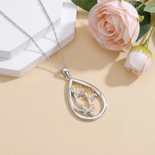 12 Month Birth Flower Necklace for Women 925 Sterling Silver Floral Teardrop Pendant Birthday Jewelry Gifts - color: 06. June Honeysuckle