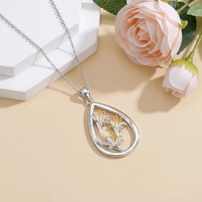 12 Month Birth Flower Necklace for Women 925 Sterling Silver Floral Teardrop Pendant Birthday Jewelry Gifts - color: 06. June Honeysuckle