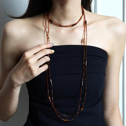 Long Necklaces for Women Pearl Tiger Eye Natural Stone Beads Necklace Boho Fashion Accessories Layered Beaded Chains with Pendant 35” to 100”