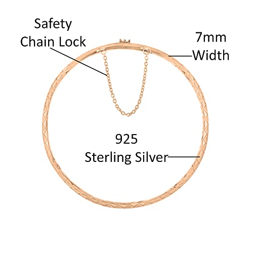 Savlano 14K Gold Plated Over 925 Sterling Silver Solid Diamond Cut Bangle Bracelet 7 inch with Safety Chain for Women Comes With Gift Box - Made in Italy - color: ROSE