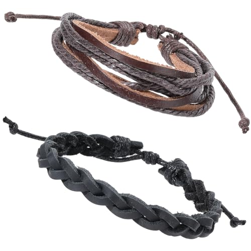 2 Styles Braided Genuine Leather Bracelets Brown Cowhide Layered Cuff Wrap Adjustable Rustic Leather Wrist Band Multilayer Rope Bracelet Wristband for Men Women Daily Wear Costume Party Gift - style: 2 styles 1