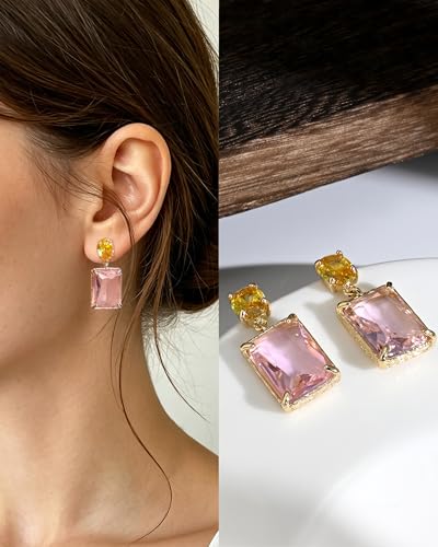 14K Gold Plated Pink Crystal Stud Square Stone Drop Dangle Geometric Earrings for Women Vacation Jewelry - color: Pink and Yellow