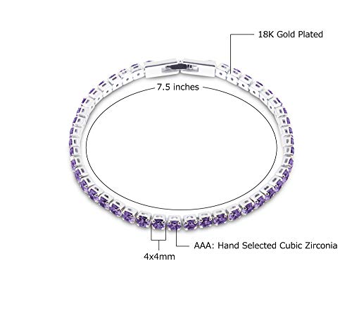 Savlano 14K Gold Plated Cubic Zirconia Round 4MM Classic Tennis Bracelet For Women - style: Purple