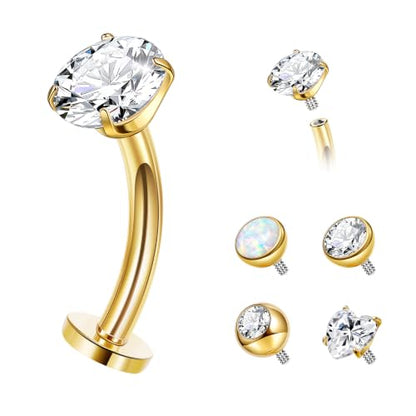 14G G23 Pure Titanium Floating Belly Button Ring for Women Flat Back Petite Belly Navel Ring Hypoallergenic Internally Threaded Navel Ring with Opal CZ Replacement Ball Belly Piercings Jewelry 6-16MM - color: Gold, size: Bar Length 12mm-Slightly Longer