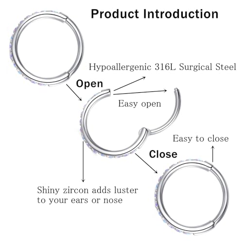 ORANGELOVE 20G 18G 16G Clear CZ Nose Ring Hoop 316L Surgical Steel Seamless Silver Septum Ring Clicker Jewelry Cartilage Earring Ear Piercing Hoop Earrings for Women Men Helix Rook Lobe Conch Tragus Daith Lip Hinged Piercing Jewelry with Cubic Zirconia -