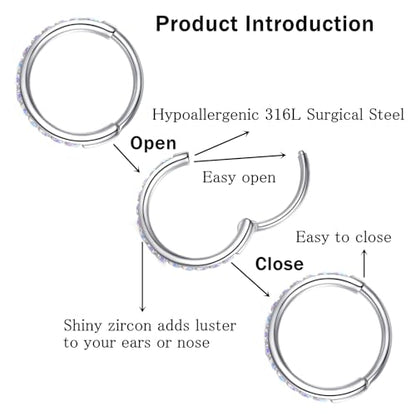 ORANGELOVE 20G 18G 16G Clear CZ Nose Ring Hoop 316L Surgical Steel Seamless Silver Septum Ring Clicker Jewelry Cartilage Earring Ear Piercing Hoop Earrings for Women Men Helix Rook Lobe Conch Tragus Daith Lip Hinged Piercing Jewelry with Cubic Zirconia -