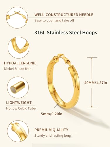 FindChic Twisted Hoop Earrings for Women, Silver/Black/14K Gold Plated Hypoallergenic Hollow Tube Rounded Loop Earrings, 30mm/40mm/60mm/80mm Hoops with Custom Name Options and Gift Box - color: c.Gold, size: 40MM