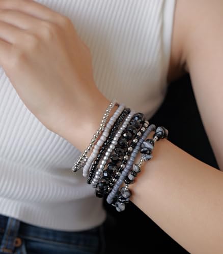 Noessla Boho Beaded Bracelets for Women Stackable Irregular Natural Stone Bead Stretch Bracelet Set 8PCS Costume Jewelry Gifts for Her - color: Black&Grey