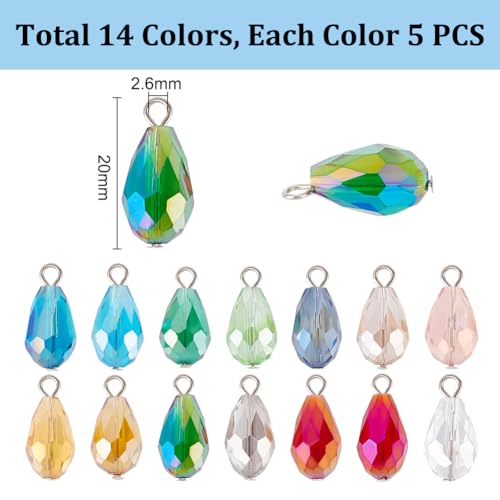 PH PandaHall Faceted Teardrop Charms, 70pcs, 14 Colors, 20mm, AB Color | Glass Crystal Pendants, Glass Charms Beads, For Necklace Earring Bracelet, For DIY Jewelry Craft Making