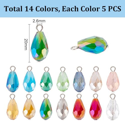 PH PandaHall Faceted Teardrop Charms, 70pcs, 14 Colors, 20mm, AB Color | Glass Crystal Pendants, Glass Charms Beads, For Necklace Earring Bracelet, For DIY Jewelry Craft Making
