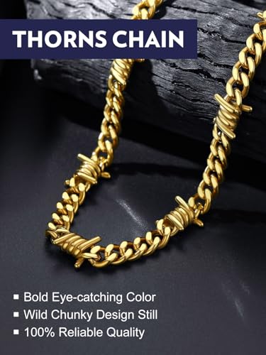 Bandmax Stainless Steel Barbed Wire Cuban Chain Necklace for Men & Women | Edgy Fierce Design, Waterproof & Tarnish Resistant, Silver/Black Tone, 5/7/9/12MM, 16-22 Inches, Street Punk Style Jewelry - color: A3 9MM-Gold, size: 20 Inch (51cm)
