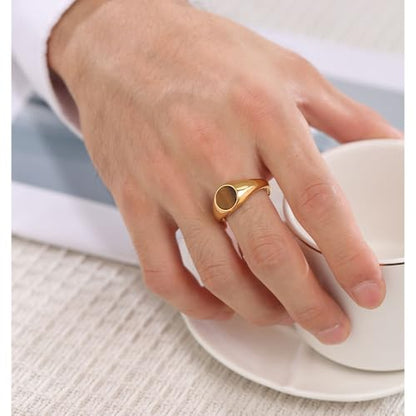 MYNENEY Stainless Steel Round Statement Pinky Signet Rings for Men Women - color: Cat's eye-Gold