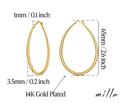 Milla Oval Hoop Earrings for Women | Elegant Polished 14K Gold, Rose Gold or Silver Plated Hoops with Secure Latch Closure, Hypoallergenic & Lightweight - color: 14K Gold Plated / 2.6 in - LARGE