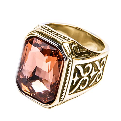 PAURO Promise Rings with Big Stone | Men's Stainless Steel, Vintage Wedding Promise Ring with Big Stone - color: Gold Black Light Orange