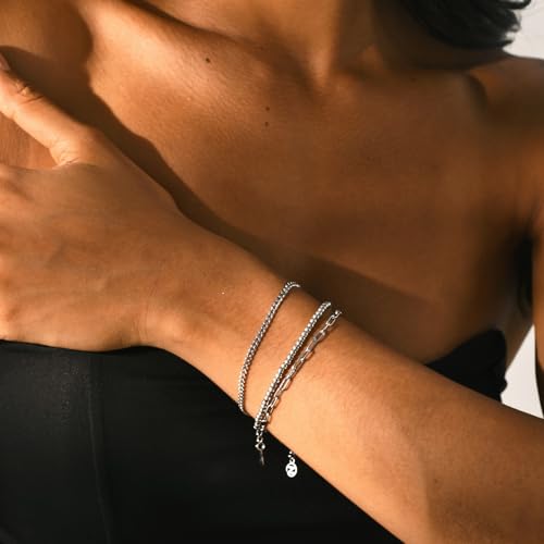 Solid 925 Sterling Silver Bracelets for Women, Dainty Interlocking Circles Cubic Zirconia Adjustable Chain Bracelet, Trendy Stackable Link Bracelets, Simple Cute Jewelry Gifts - color: Silver Cuban Chain