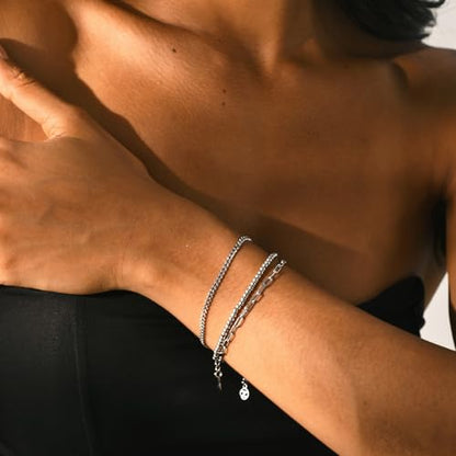 Solid 925 Sterling Silver Bracelets for Women, Dainty Interlocking Circles Cubic Zirconia Adjustable Chain Bracelet, Trendy Stackable Link Bracelets, Simple Cute Jewelry Gifts - color: Silver Cuban Chain