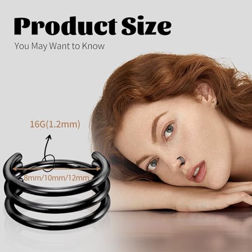 G23 Titanium Conch Piercing Jewelry Hoop: 16G 8mm/10mm/12mm Diamond Cartilage Earring Helix Double Piercing Hoop Septum Rings Hypoallergenic Nose Rings Hinged Segment Clicker Lip Rings Rook Daith Tragus Earrings - color: Black-Triple Layers