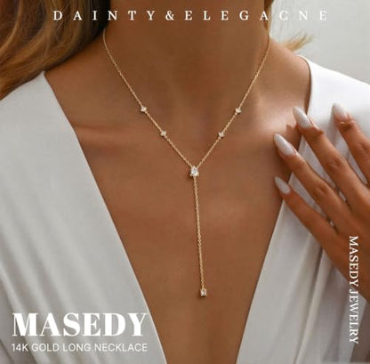 Long Gold Necklace for Women Dainty Layered Lariat Necklace | 14k Gold Plated Clover Teardrop CZ Y Shaped Drop Necklaces Cute Long Necklace for Women Trendy Prom Formal Womens Jewelry - color: Teardrop CZ y necklace