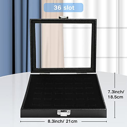 Ring Jewelry Organizer Box, 36 Slots Rings Display Storage Case Earring Showcase - Black Velvet Jewelry Stand Holder Tray with Transparent Glass Lid - Ideal Gift for Women Girl - size: 36 Slot