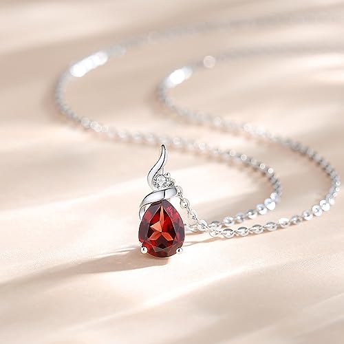 FANCIME 14K Solid White Gold Birthstone Pendant Necklace for Women with Diamond Pear Shaped Teardrop Necklace Birthday Gifts for Mom Women,Sterling Silver Chain 16" + 2" Extender - color: 01-Garnet