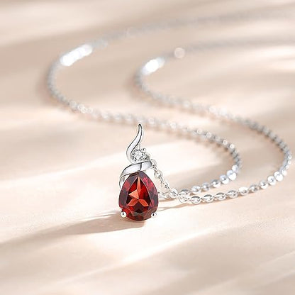 FANCIME 14K Solid White Gold Birthstone Pendant Necklace for Women with Diamond Pear Shaped Teardrop Necklace Birthday Gifts for Mom Women,Sterling Silver Chain 16" + 2" Extender - color: 01-Garnet