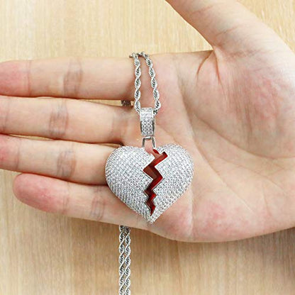 Broken Heart Pendant Necklace Hip Hop CZ Fully Iced Out Bling CZ Diamond 24K White Gold Plated with 24" Stainless Rope Chain - color: Silver