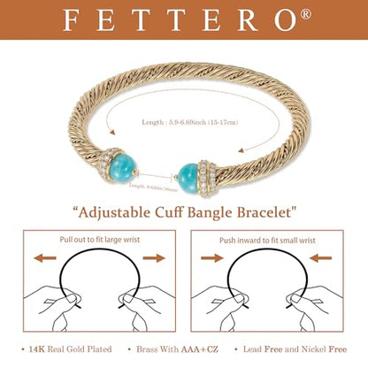 Fettero Gold Cuff Bangle Bracelets for Women - Adjustable Open Cuff Bangles 14K Gold Plated Charm Twisted Cable Bangle Bracelet for Mom Dainty Jewelry Gift - color: Teal