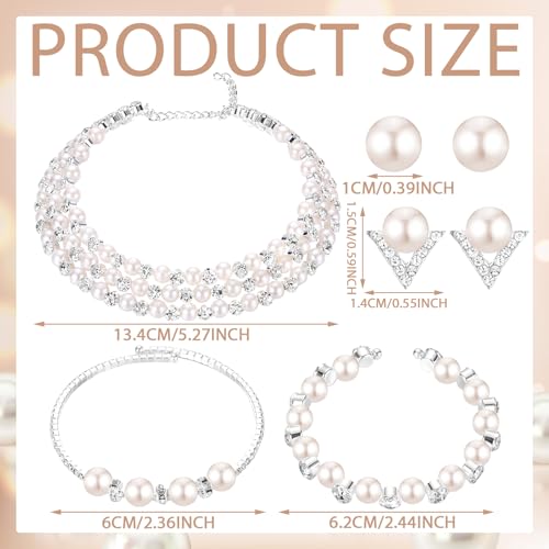 Glenmal Pearl Rhinestone Jewelry Set for Women Pearl Necklace Bracelet Earrings for Wedding Halloween Bridal Shower Tea Party - style: Exquisite Style