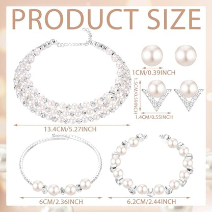 Glenmal Pearl Rhinestone Jewelry Set for Women Pearl Necklace Bracelet Earrings for Wedding Halloween Bridal Shower Tea Party - style: Exquisite Style